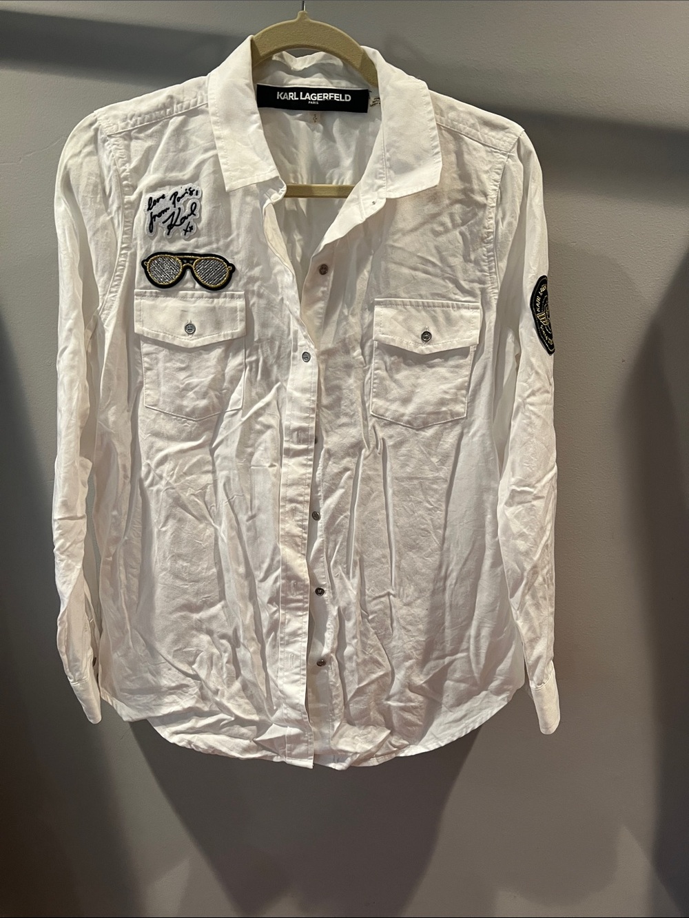 Karl Lagerfeld White Button-Down Shirt with Embroidered Sunglasses Patch